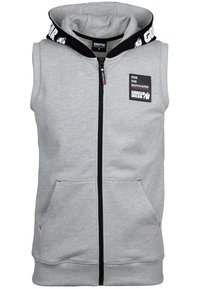 Grijze mouwloze rits hoodie met een zwart afgerande capuchon, voorzakken en een 'Gorilla Wear' logo patch op de borst voor extra detail.