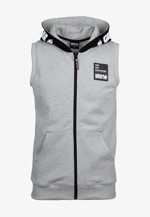 Gray sleeveless zip-up hoodie with a black-lined hood, front pockets, and a "Gorilla Wear" logo patch on the chest for added detail.