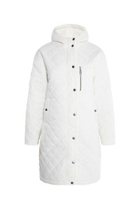 Gequilted witte lange jas met een capuchon, drukknoopsluiting en een zijzak met rits. Beschikt over een gladde textuur en een losse pasvorm.