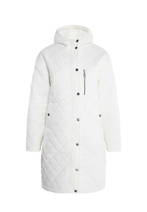 Biela prešívaná dlhá bunda s kapucňou, cvokmi a bočnou zipsovou kapsou. Má hladkú textúru a voľný strih.