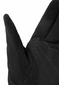 Schwarze Handschuhe aus weichem Stoff mit strukturiertem Griff. Verfügen über ein einzigartiges Design mit einer gebogenen Spitze und kontrastierenden Materialien an der Handfläche.