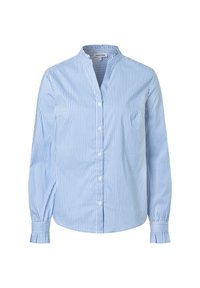 Blue and white striped button-up shirt with a mandarin collar, long sleeves, and gathered cuffs; smooth cotton fabric.