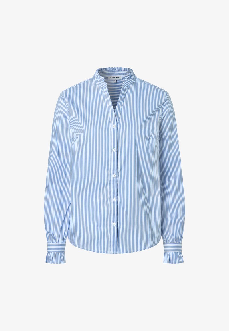 Blue and white striped button-up shirt with a mandarin collar, long sleeves, and gathered cuffs; smooth cotton fabric.
