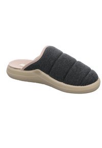Gray fabric slipper with a quilted design, beige rubber sole, and padded upper. Features a soft interior lining for comfort.