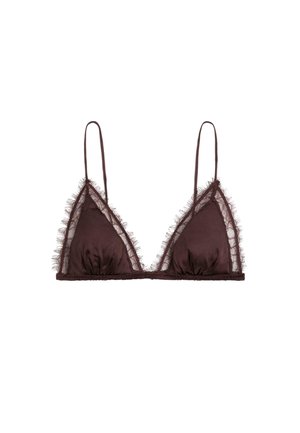 Soutien-gorge triangle en satin marron avec fines bretelles et délicate bordure en dentelle transparente le long des bords.