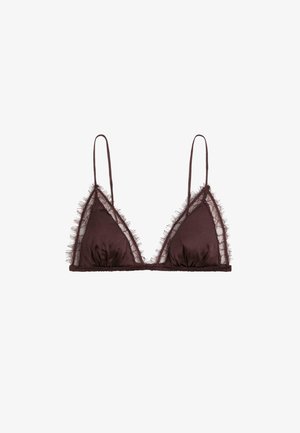 Soutien-gorge triangle en satin marron avec fines bretelles et délicate bordure en dentelle transparente le long des bords.