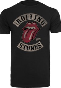 Zwart katoen T-shirt met een versleten rood tonglogo, met de tekst "The Rolling Stones" in een vintage lettertype boven en onder de afbeelding.