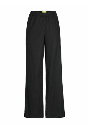 Black wide-leg pants made from lightweight fabric. Features an elastic waistband and a smooth texture. Simple, versatile design.