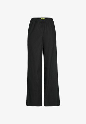 Black wide-leg pants made from lightweight fabric. Features an elastic waistband and a smooth texture. Simple, versatile design.
