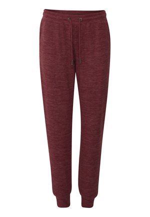 Pantalons de survêtement bordeaux en tissu doux et texturé ; dotés d'une taille élastique avec cordon de serrage et de poignets côtelés aux chevilles.