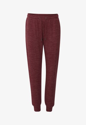 Burgundia värvi dressipüksid, mis on valmistatud pehmest, tekstuurses kangast; omaduste hulka kuuluvad elastne vöökoht koos nööriga ja soonikkoes käärid pahkluude juures.