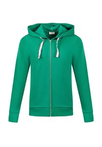 Zielona bluza z kapturem na zamek, wykonana z miękkiego materiału. Posiada kaptur ze sznurkiem, zamek błyskawiczny z przodu oraz ściągacze na rękawach. Brak widocznych wzorów lub akcentów.