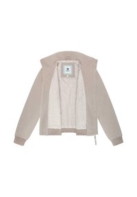 Veste beige clair avec capuche, fermeture éclair à l'avant et poignets côtelés. L'intérieur est lisse et doublé, avec une étiquette portant le logo à l'intérieur.