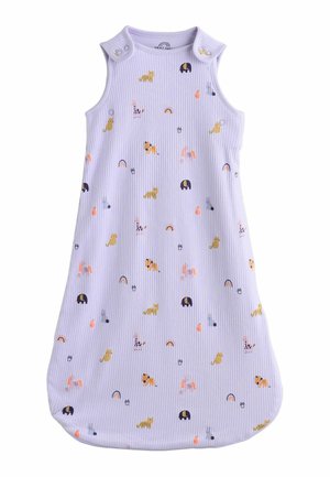 Ärmelloser Baby-Schlafsack in Lavendelfarbe mit Tier- und Regenbogenmustern, Knopfverschluss an den Schultern, Stoff mit Rippstruktur.
