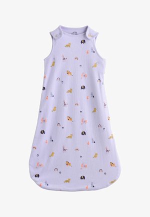 Ärmelloser Baby-Schlafsack in Lavendelfarbe mit Tier- und Regenbogenmustern, Knopfverschluss an den Schultern, Stoff mit Rippstruktur.