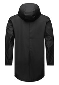 Svart vattentät jacka med huva, långa ärmar och rundad nederkant. Har elastiska muddar och en slät, matt yta. Enkel design utan mönster.