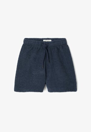 Navyblauwe katoenen terry shorts met een elastische tailleband en trekkoord, voorzien van een zachte textuur en een rechte snit.