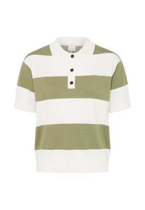 Groen-wit gestreept poloshirt, korte mouwen, geribde kraag, drieknopsbies, gebreide textuur, casual pasvorm.