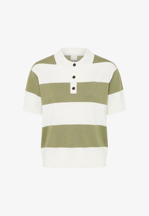 Groen-wit gestreept poloshirt, korte mouwen, geribde kraag, drieknopsbies, gebreide textuur, casual pasvorm.