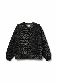 Grå sweatshirt med ett leopardmönster i svart. Tillverkad av mjukt tyg med ribbade muddar och nederkant, vilket ger en avslappnad passform.