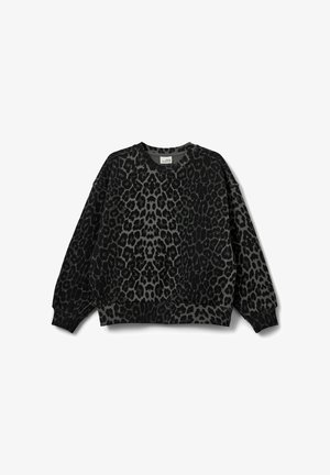 Grå sweatshirt med ett leopardmönster i svart. Tillverkad av mjukt tyg med ribbade muddar och nederkant, vilket ger en avslappnad passform.