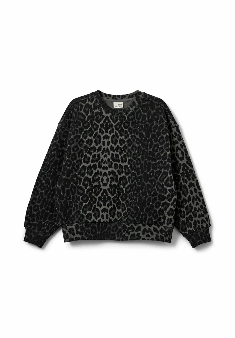 Grå sweatshirt med ett leopardmönster i svart. Tillverkad av mjukt tyg med ribbade muddar och nederkant, vilket ger en avslappnad passform.
