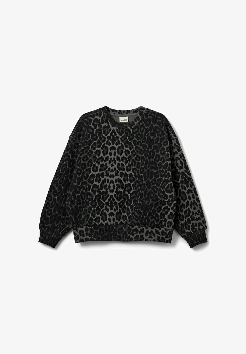 Grauer Hoodie mit einem Leopardenmuster in Schwarz. Gefertigt aus weichem Stoff mit gerippten Bündchen und Saum, bietet einen lässigen Schnitt.