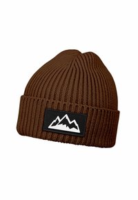 Dark brown ribbed knit beanie with folded cuff and black patch featuring white mountain graphic on the front.