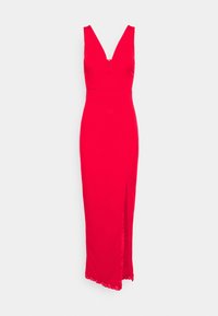 Robe de soirée rouge sans manches avec décolleté plongeant en V, taille cintrée, fente latérale et bordure en dentelle à l'ourlet, sur fond uni.