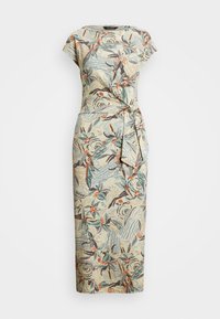 Vestido com estampado floral em creme, com mangas curtas, um laço na cintura e uma silhueta ajustada, com detalhes em verde e laranja.