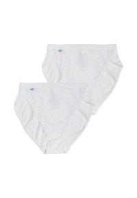 Set di biancheria intima in cotone bianco con rifiniture in pizzo floreale sui lati, forma classica a slip, con una consistenza liscia e una cintura elastica morbida.
