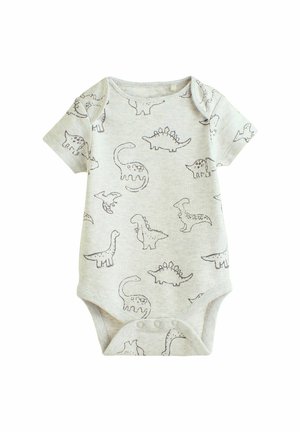 Vaate lyhythihaisena vauvan bodysuitina vaaleanharmaana mustilla dinosauruksen kuvilla. Alla on nepparit helman alueella, mikä helpottaa pukemista. Pehmeää puuvillakangasta.