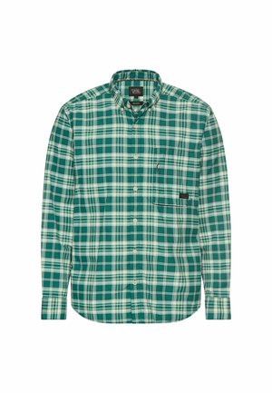 Grøn- og hvidternet langærmet skjorte med knap-til-krave og brystlomme, vist mod en hvid baggrund.