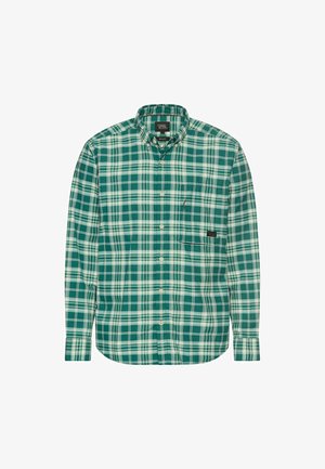 Grøn- og hvidternet langærmet skjorte med knap-til-krave og brystlomme, vist mod en hvid baggrund.