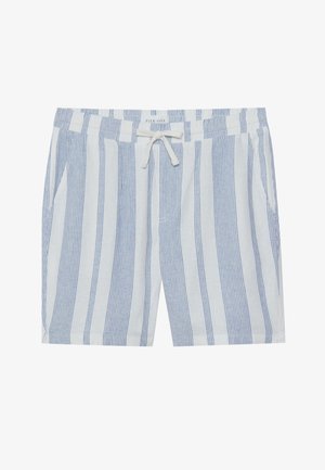 Stripete shorts i lett materiale, med blå og hvite vertikale striper, elastisk linning med snor, og sidelommer.