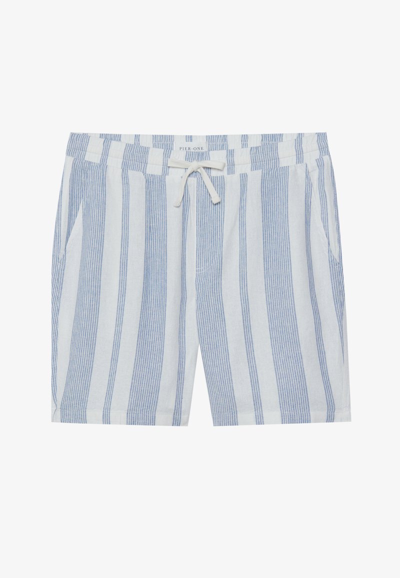 Shorts rayés en tissu léger, avec des rayures verticales bleues et blanches, taille élastique avec cordon de serrage, et poches latérales.