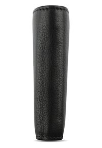 Black leather item with a smooth texture and stitched edge, cylindrical shape, designed to secure a specific object.