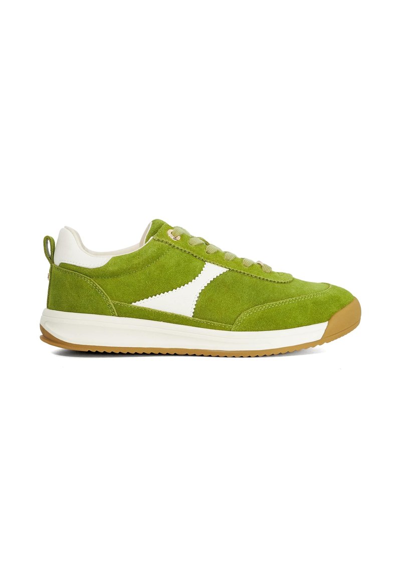 Green suede sneaker with white side accent, beige laces, white midsole, and brown rubber outsole, shown from the side on a white background.