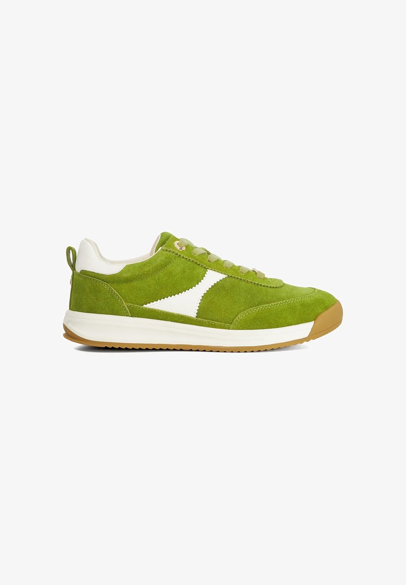 Green suede sneaker with white side accent, beige laces, white midsole, and brown rubber outsole, shown from the side on a white background.