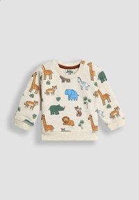 Felpa beige con maniche lunghe, caratterizzata da illustrazioni di animali multicolori, tra cui giraffe, leoni ed elefanti. Chiusura a due bottoni sulla spalla.