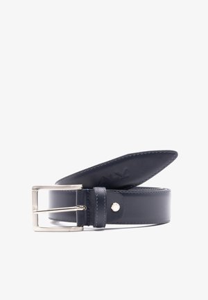 Dark blue leather belt with a silver metal buckle. Featured stitching along the edges and a snap detail on the strap. Smooth texture.