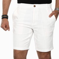 Weiße Baumwollshorts mit einem Knopfverschluss, zwei Seitentaschen und einer strukturierten Oberfläche. Der Saum ist leicht umgeschlagen.