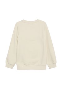 Crème-kleurige sweatshirt met lange mouwen, geribbelde halslijn en manchetten. Zachte stof met een licht gestructureerde afwerking en elastische tailleband.
