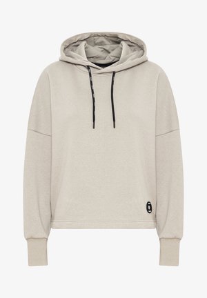 Light beige hooded sweatshirt with a relaxed fit, featuring long sleeves, black drawstrings, and a circular logo accent. Soft texture.