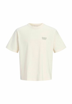 Effen wit T-shirt met korte mouwen en een ronde hals met kleine bedrukt tekst op de linkerborst waarop staat Oasis Med Artes San Espirul.