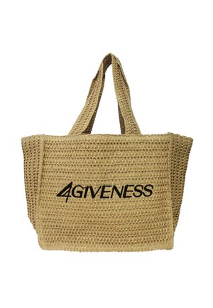 Borsa tote beige all'uncinetto con due manici e la parola "4GIVENESS" ricamata in nero al centro davanti.