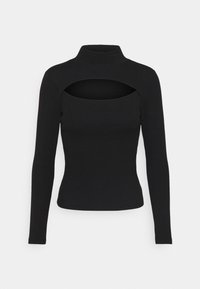 Black turtleneck long-sleeve top with cut-out detailing across the chest, made from a smooth, stretchy fabric that contours to the body.