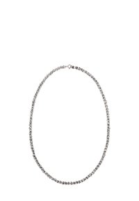 Silberne Kettenhalskette mit verknüpften ovalen und runden Formen, glatter Oberfläche, Verschluss und einheitlichem metallischen Glanz.