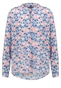 Lekka, długosleeveowa bluzka w kwiatowy wzór akwarelowy w niebieskich i różowych odcieniach. Posiada dekolt w kształcie litery V i zaokrąglony dół.
