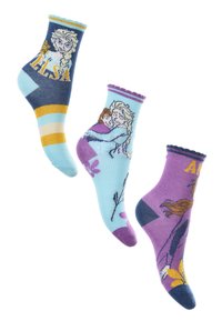 Tres pares de calcetines de algodón con diseños coloridos: uno con rayas azules y amarillas, otro con gráficos de Elsa y Anna, y un acento floral.